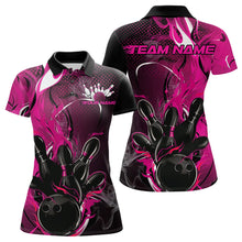 Load image into Gallery viewer, Black And Pink Custom Flame Bowling Polo Shirts For Women, Fire Bowling League Team Shirt IPHW8630