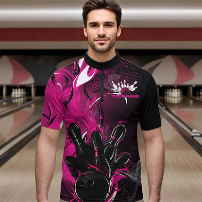 Black And Pink Custom Flame Bowling Quarter-Zip Shirts For Men, Fire Bowling League Team Shirt IPHW8630