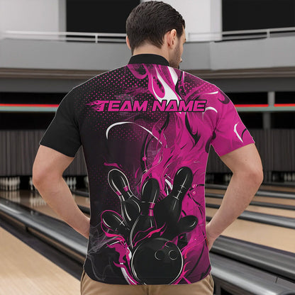Black And Pink Custom Flame Bowling Quarter-Zip Shirts For Men, Fire Bowling League Team Shirt IPHW8630