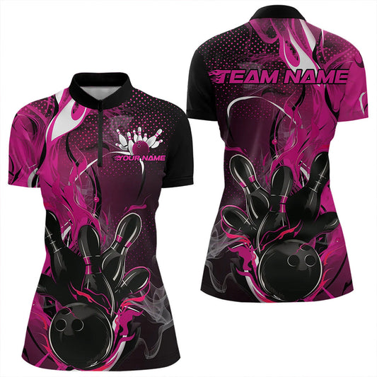 Black And Pink Custom Flame Bowling Womens Quarter-Zip Shirts, Fire Bowling League Shirt IPHW8630