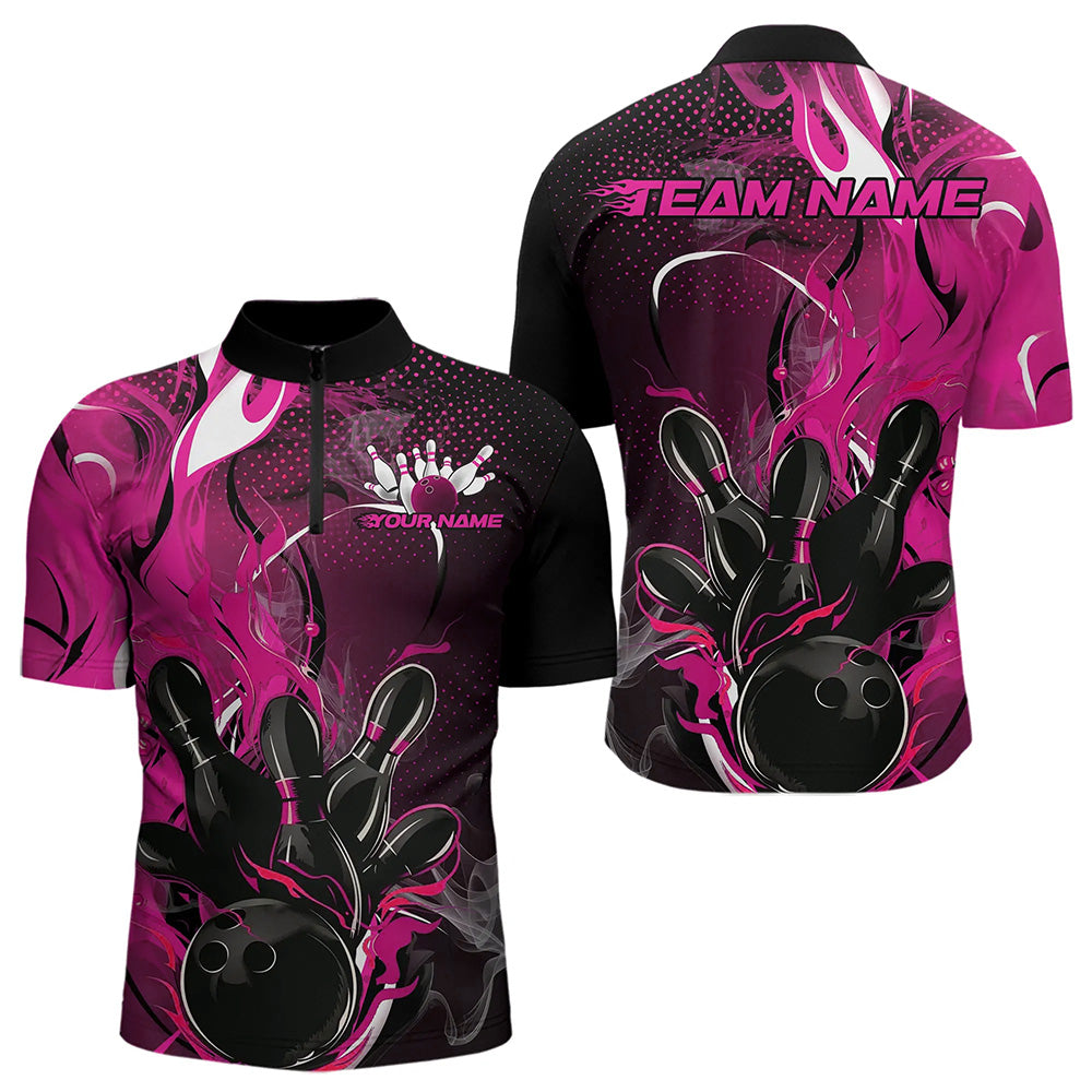 Black And Pink Custom Flame Bowling Quarter-Zip Shirts For Men, Fire Bowling League Team Shirt IPHW8630