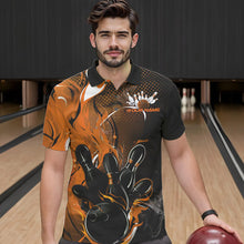 Load image into Gallery viewer, Black And Orange Custom Flame Bowling Polo Shirts For Men, Fire Bowling League Team Shirt IPHW8631