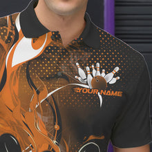 Load image into Gallery viewer, Black And Orange Custom Flame Bowling Polo Shirts For Men, Fire Bowling League Team Shirt IPHW8631