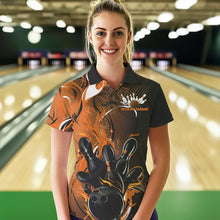 Load image into Gallery viewer, Black And Orange Custom Flame Bowling Polo Shirts For Women, Fire Bowling League Team Shirt IPHW8631