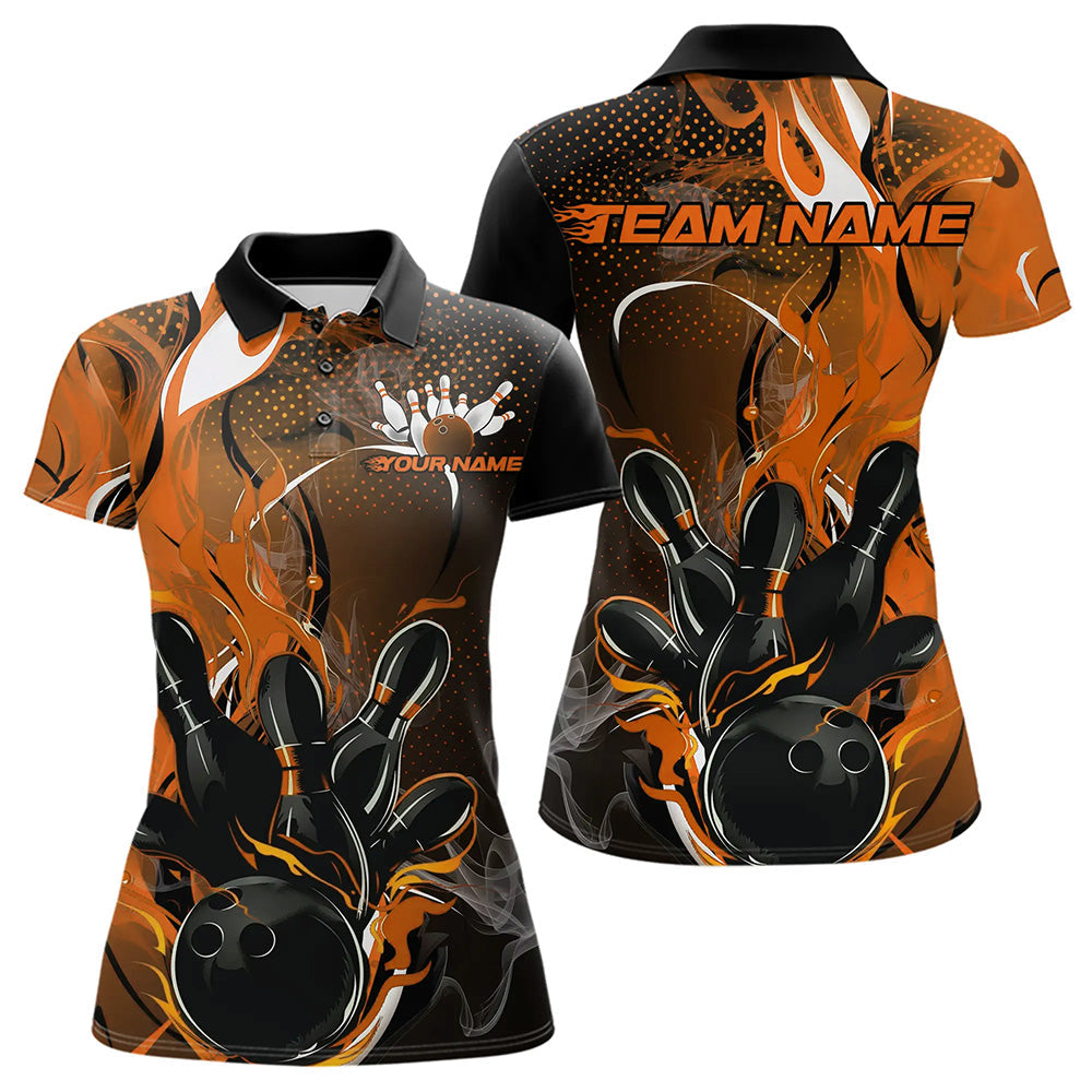 Black And Orange Custom Flame Bowling Polo Shirts For Women, Fire Bowling League Team Shirt IPHW8631