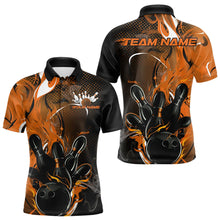 Load image into Gallery viewer, Black And Orange Custom Flame Bowling Polo Shirts For Men, Fire Bowling League Team Shirt IPHW8631