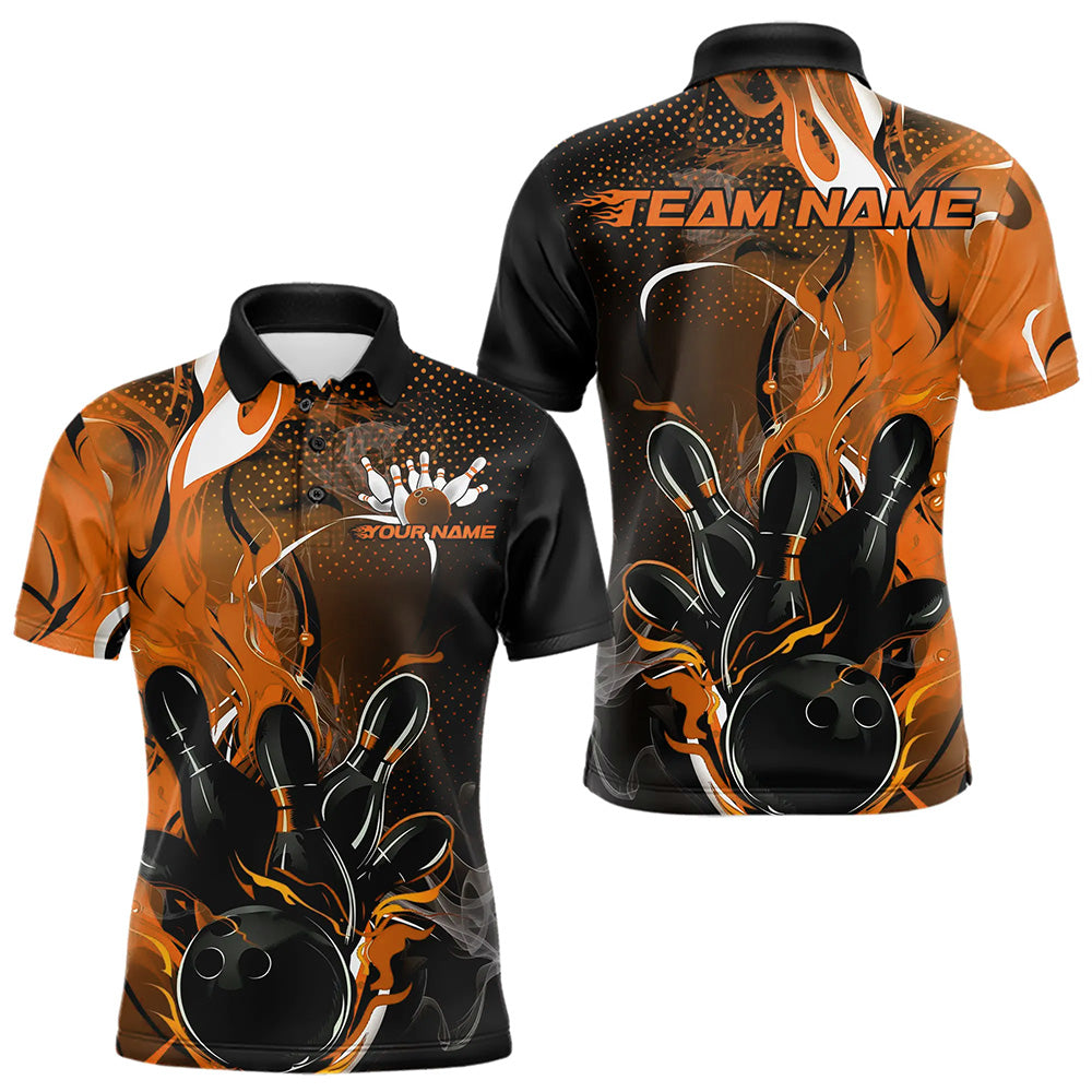 Black And Orange Custom Flame Bowling Polo Shirts For Men, Fire Bowling League Team Shirt IPHW8631