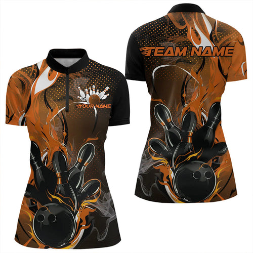 Black And Orange Custom Flame Bowling Womens Quarter-Zip Shirts, Fire Bowling League Shirt IPHW8631