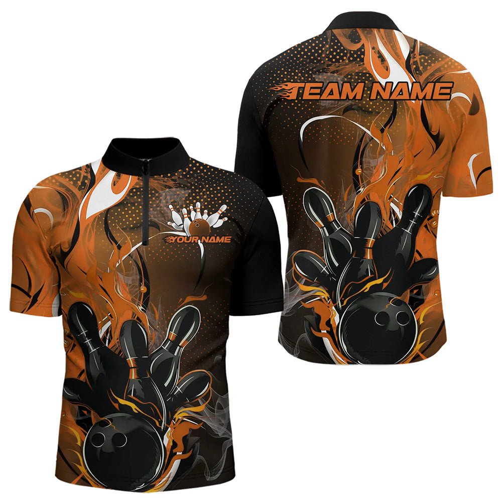 Black And Orange Custom Flame Bowling Quarter-Zip Shirts For Men, Fire Bowling League Team Shirt IPHW8631