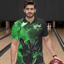 Load image into Gallery viewer, Black And Green Custom Flame Bowling Polo Shirts For Men, Fire Bowling League Team Shirt IPHW8632