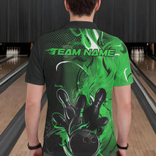 Load image into Gallery viewer, Black And Green Custom Flame Bowling Polo Shirts For Men, Fire Bowling League Team Shirt IPHW8632