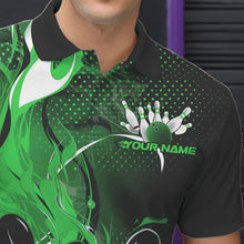 Load image into Gallery viewer, Black And Green Custom Flame Bowling Polo Shirts For Men, Fire Bowling League Team Shirt IPHW8632