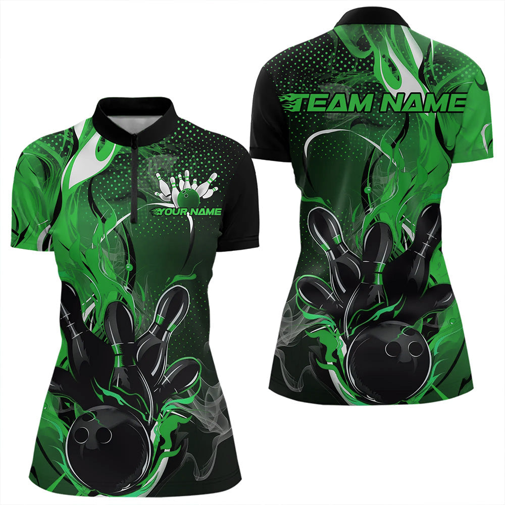 Black And Green Custom Flame Bowling Womens Quarter-Zip Shirts, Fire Bowling League Shirt IPHW8632