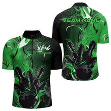 Load image into Gallery viewer, Black And Green Custom Flame Bowling Quarter-Zip Shirts For Men, Fire Bowling League Team Shirt IPHW8632