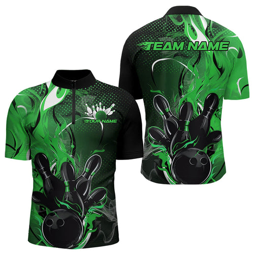 Black And Green Custom Flame Bowling Quarter-Zip Shirts For Men, Fire Bowling League Team Shirt IPHW8632