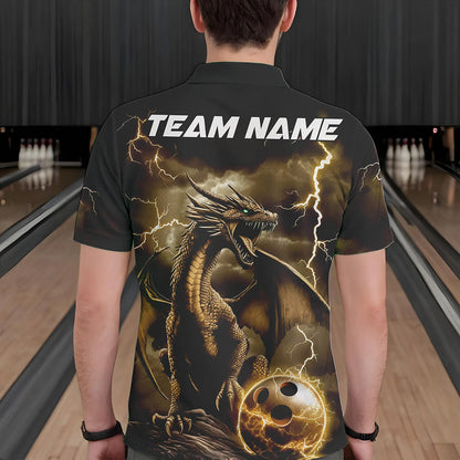 Black And Gold Thunder Lightning Custom Dragon Bowling Team Shirts For Men, Bowling Uniform IPHW8634