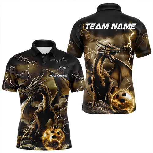 Black And Gold Thunder Lightning Custom Dragon Bowling Team Shirts For Men, Bowling Uniform IPHW8634