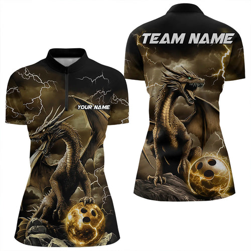 Black And Gold Thunder Lightning Custom Dragon Womens Bowling Team Shirts, Bowling Uniform IPHW8634