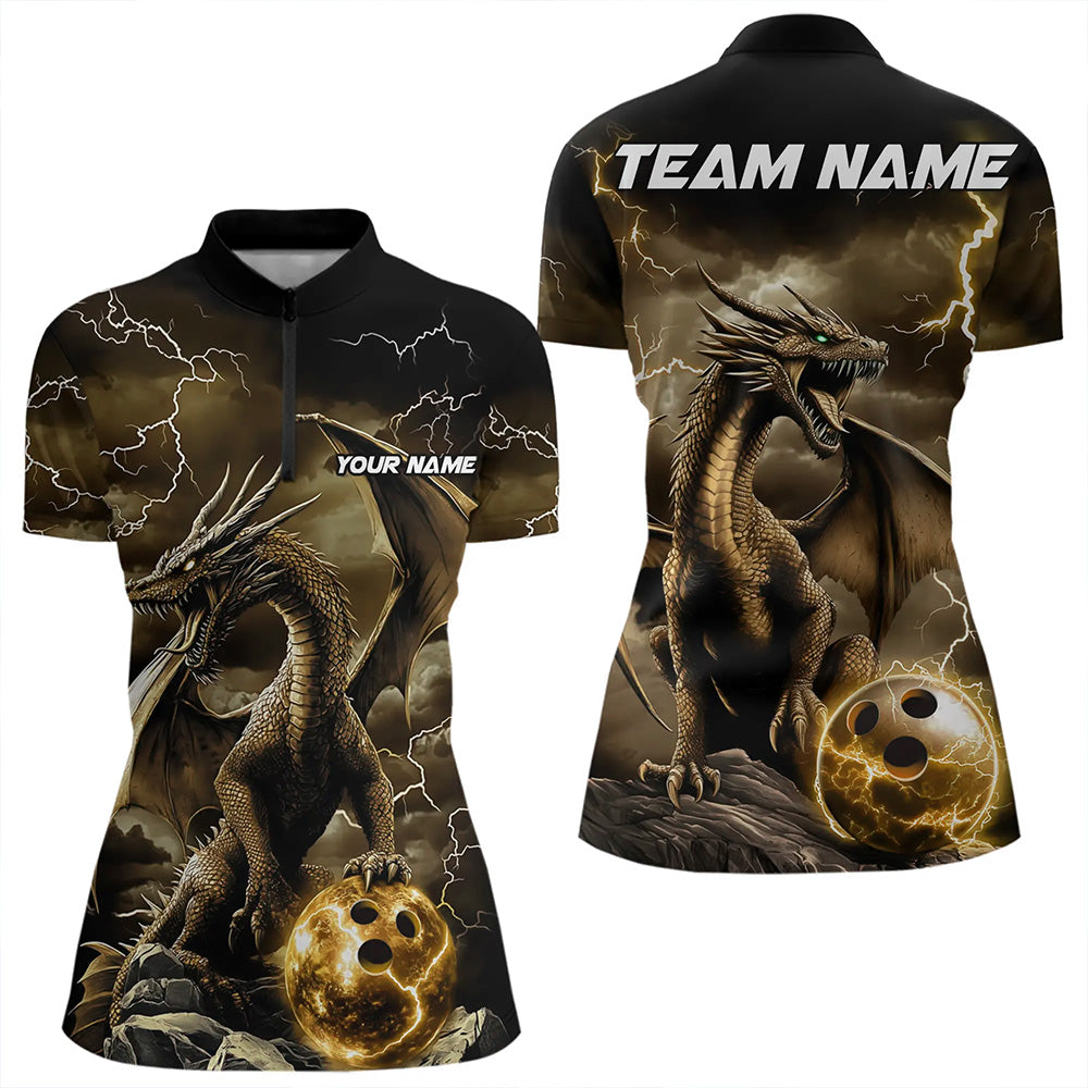 Black And Gold Thunder Lightning Custom Dragon Womens Bowling Team Shirts, Bowling Uniform IPHW8634