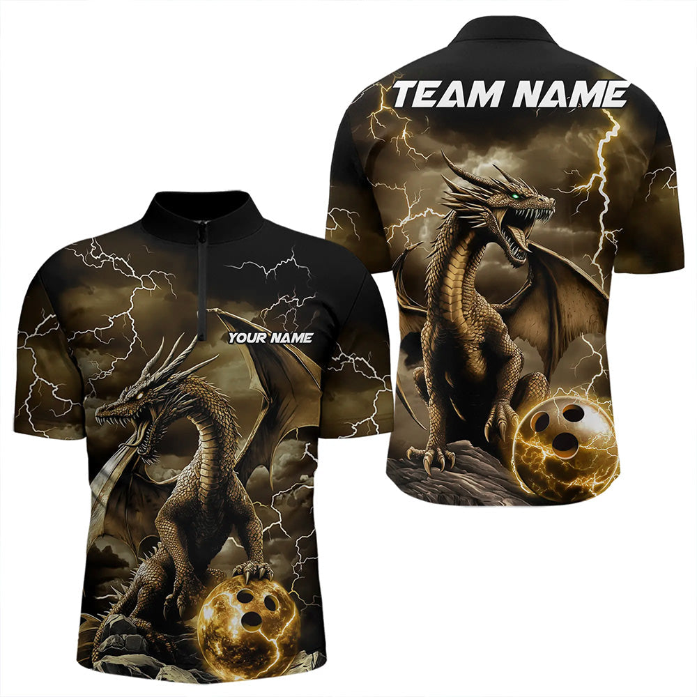 Black And Gold Thunder Lightning Custom Dragon Bowling Team Shirts For Men, Bowling Uniform IPHW8634