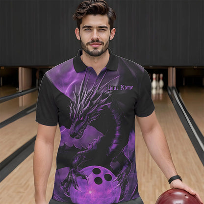Black And Purple Custom Dragon Bowling Polo Shirts For Men, Dragon Bowling League Shirt IPHW8643
