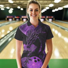 Load image into Gallery viewer, Black And Purple Custom Dragon Bowling Polo Shirts For Women, Dragon Bowling League Shirt IPHW8643