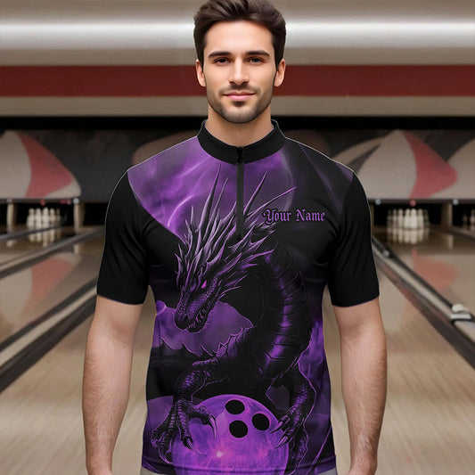 Black And Purple Custom Dragon Bowling Quarter-Zip Shirts For Men, Dragon Bowling League Shirt IPHW8643
