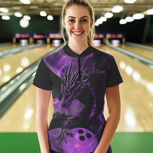 Black And Purple Custom Dragon Bowling Quarter-Zip Shirts For Women, Bowling League Shirt IPHW8643