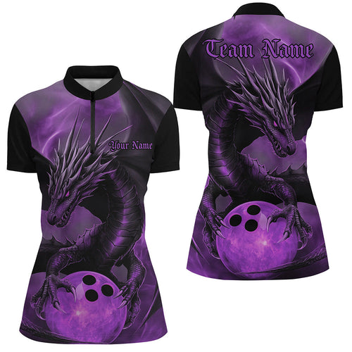 Black And Purple Custom Dragon Bowling Quarter-Zip Shirts For Women, Bowling League Shirt IPHW8643
