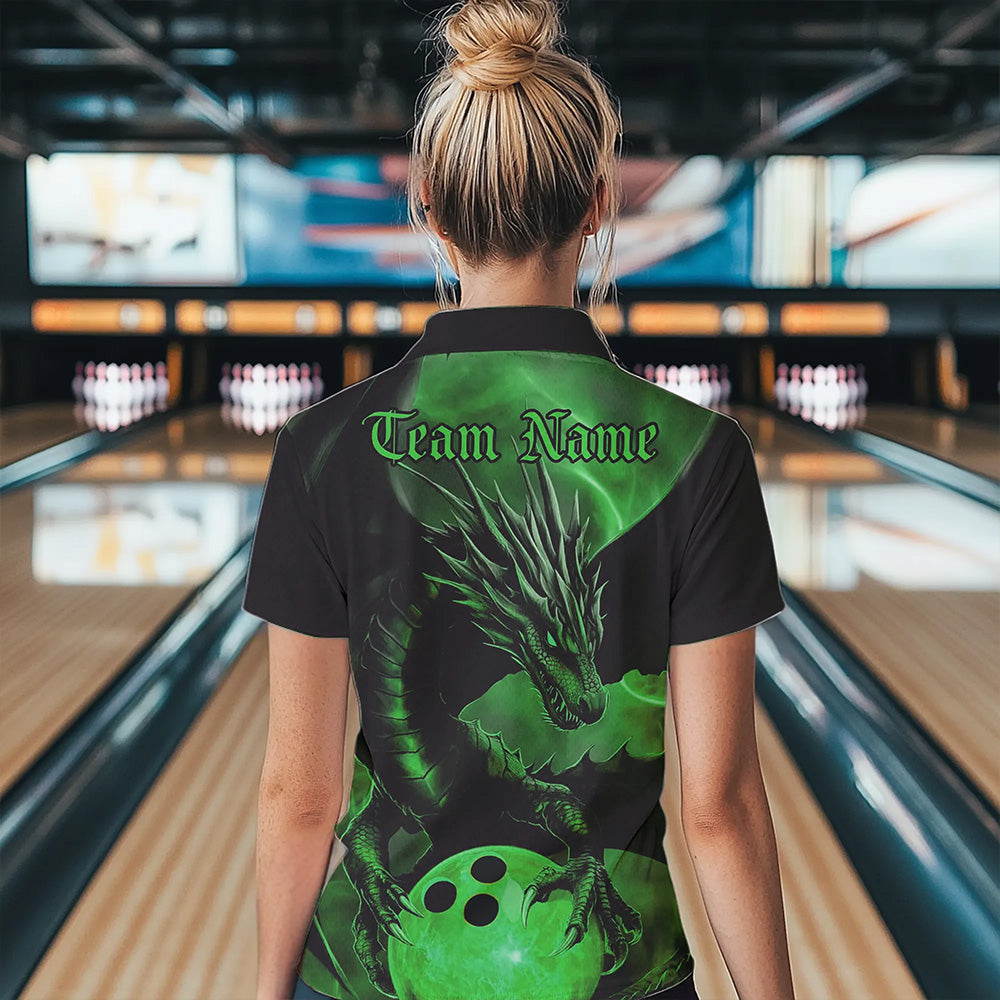 Black And Green Custom Dragon Bowling Polo Shirts For Women, Dragon Bowling League Shirt IPHW8644