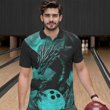 Load image into Gallery viewer, Black And Turquoise Blue Custom Dragon Bowling Polo Shirts For Men, Dragon Bowling League Shirt IPHW8645