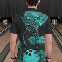 Load image into Gallery viewer, Black And Turquoise Blue Custom Dragon Bowling Polo Shirts For Men, Dragon Bowling League Shirt IPHW8645