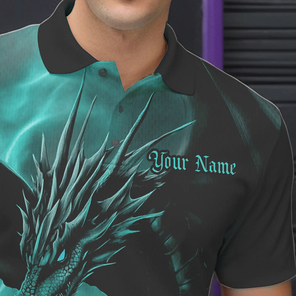Black And Turquoise Blue Custom Dragon Bowling Polo Shirts For Men, Dragon Bowling League Shirt IPHW8645