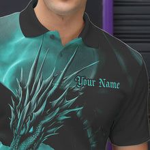 Load image into Gallery viewer, Black And Turquoise Blue Custom Dragon Bowling Polo Shirts For Men, Dragon Bowling League Shirt IPHW8645