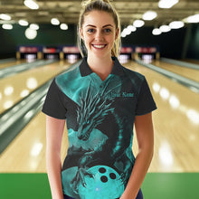 Load image into Gallery viewer, Black And Turquoise Blue Custom Dragon Bowling Womens Polo Shirts, Bowling League Shirt IPHW8645