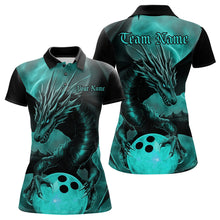 Load image into Gallery viewer, Black And Turquoise Blue Custom Dragon Bowling Womens Polo Shirts, Bowling League Shirt IPHW8645
