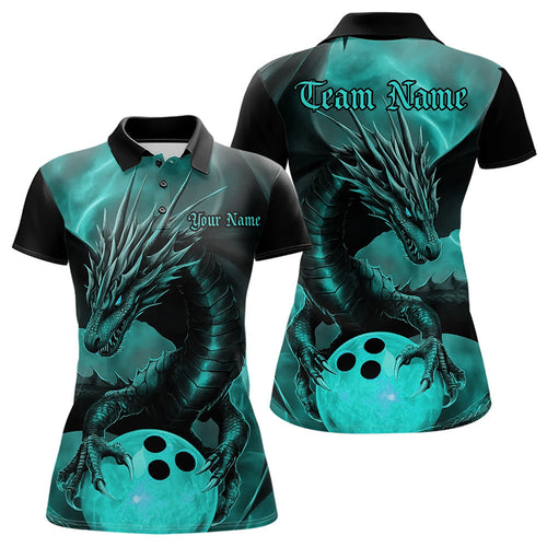 Black And Turquoise Blue Custom Dragon Bowling Womens Polo Shirts, Bowling League Shirt IPHW8645
