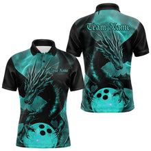 Load image into Gallery viewer, Black And Turquoise Blue Custom Dragon Bowling Polo Shirts For Men, Dragon Bowling League Shirt IPHW8645