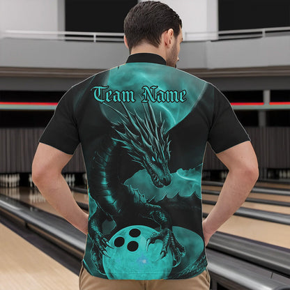Black And Turquoise Blue Custom Dragon Bowling Quarter-Zip Shirts For Men, Bowling League Shirt IPHW8645