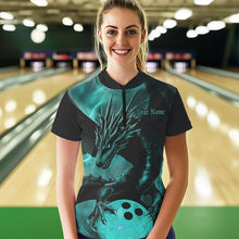 Load image into Gallery viewer, Black And Turquoise Blue Custom Dragon Bowling Womens Quarter-Zip Shirts, Team Uniform IPHW8645