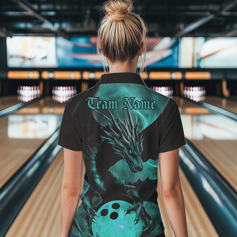 Black And Turquoise Blue Custom Dragon Bowling Womens Quarter-Zip Shirts, Team Uniform IPHW8645