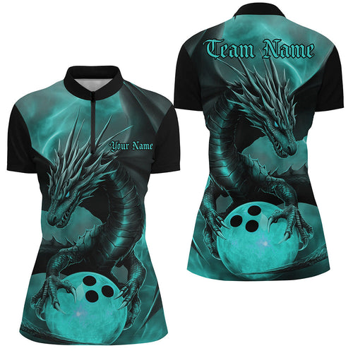 Black And Turquoise Blue Custom Dragon Bowling Womens Quarter-Zip Shirts, Team Uniform IPHW8645