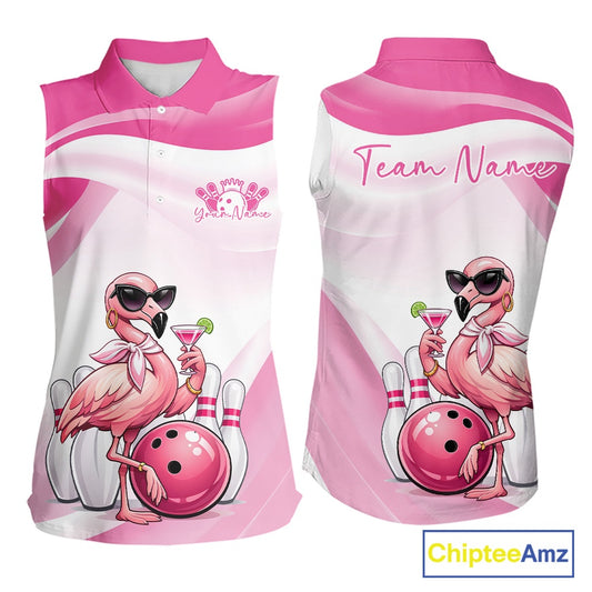 Front and back view of a pink women’s sleeveless bowling shirt featuring a stylish flamingo holding a cocktail next to a bowling ball.
