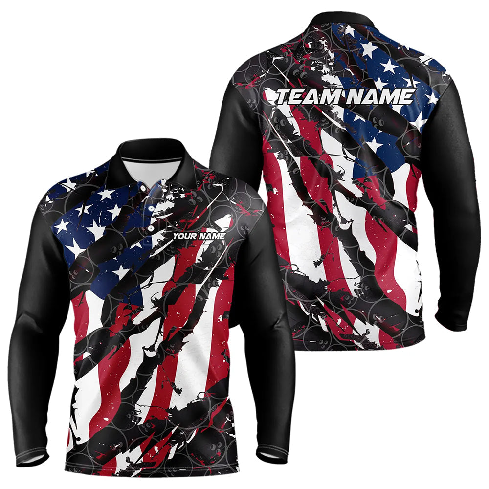 American Flag Custom US Bowling Team Long Sleeve Polo Shirts For Men, Patriotic Bowling Team Jerseys IPHW6485