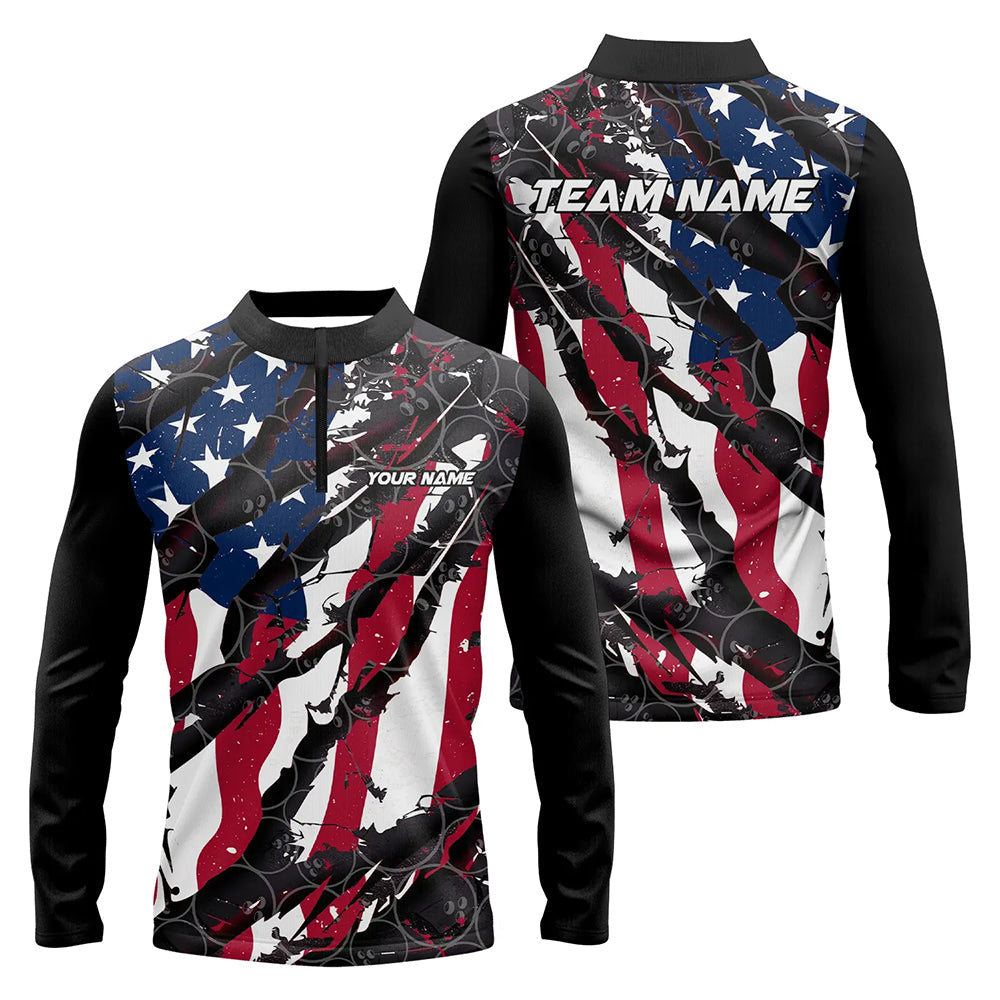American Flag Custom US Bowling Team Men Long Sleeve Quarter-Zip Shirts, Patriotic Bowling Jerseys IPHW6485