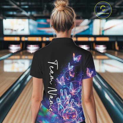 Back view of a female model wearing a black bowling polo with starry galaxy graphics, glowing neon swirls, and hologram butterflies