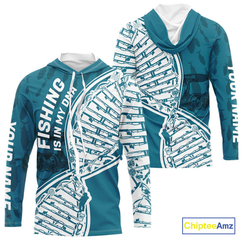Aqua Blue Fishing Is In My DNA Custom Long Sleeve Hooded Fishing Shirts, Fishing Tools DNA IPHW9173