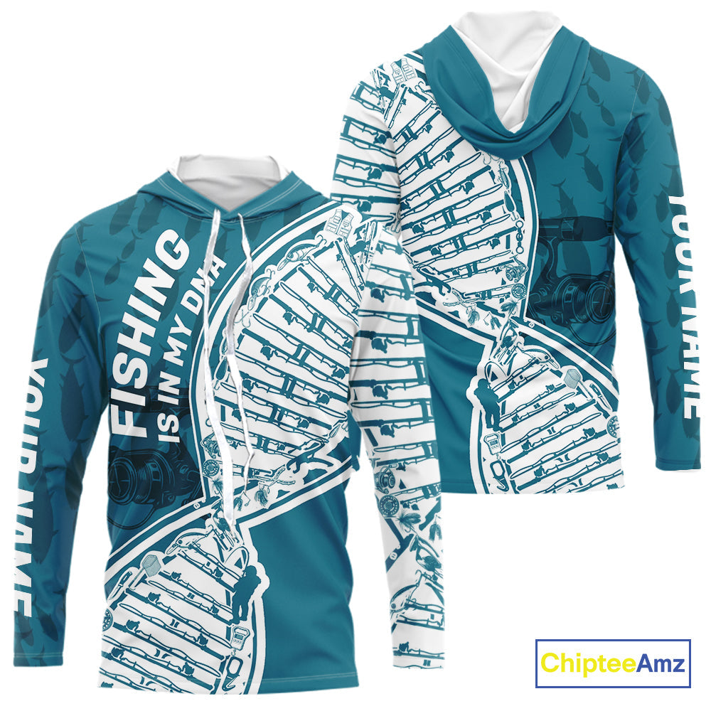 Aqua Blue Fishing Is In My DNA Custom Long Sleeve Hooded Fishing Shirts, Fishing Tools DNA IPHW9173