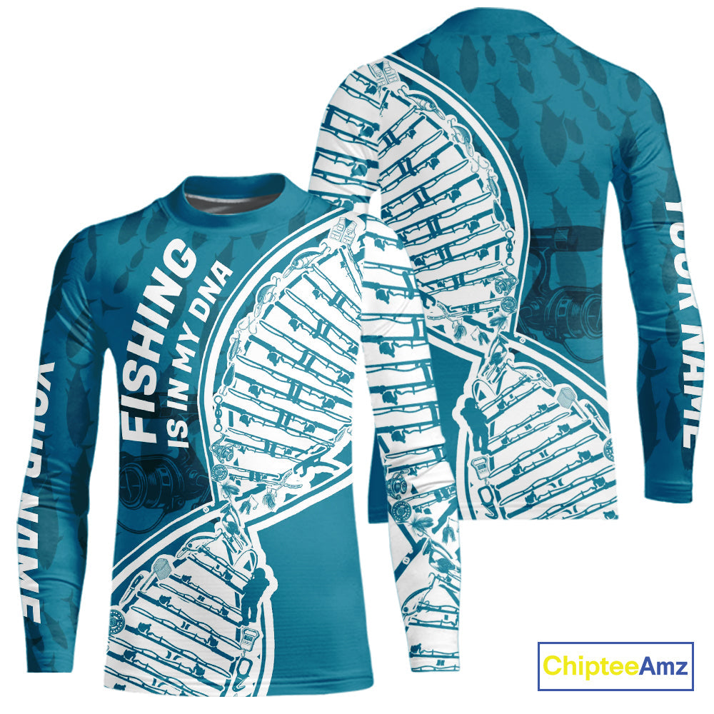 Aqua Blue Fishing Is In My DNA Custom Kid Long Sleeve Fishing Shirts, Fishing Tools DNA IPHW9173
