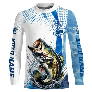 Custom Bass Long Sleeve Fishing Shirts, Bass Fishing Tournament Shirts | Blue Camo IPHW6832